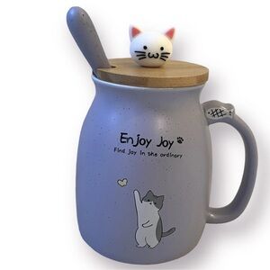 Enjoy Joy Mug With Lid And Spoon Cat Lovers Purple Lavender Coffee Tea